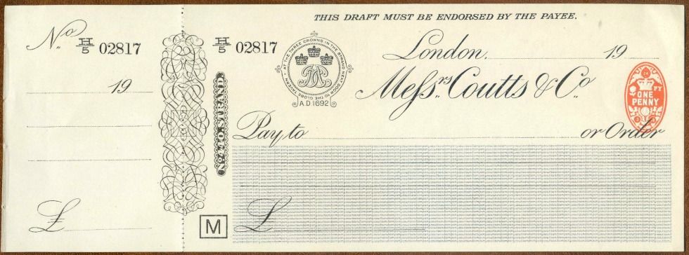 1910 MESSRS. COUTTS & CO. CHEQUE : 440 THE STRAND LONDON : UNISSUED